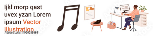 Creativity, remote work, digital communication, music, workspace ideas, online tools. Musical note, desk with computer and office elements. Creativity and remote work