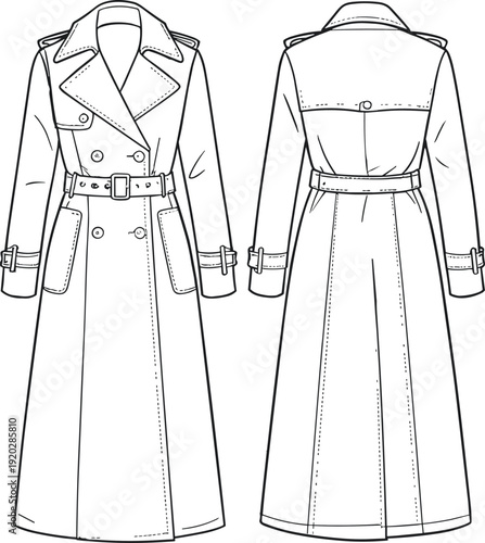Classic Double Breasted Belted Trench Coat Technical Flat Sketch Front and Back View Fashion Apparel Line Drawing Template