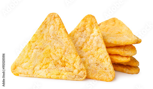 Triangular corn chips on a white background. Isolated