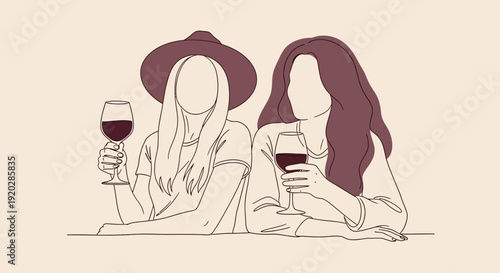 Two women enjoying wine together, relaxing and socializing in a casual setting, an illustration captures their friendly interaction and joyful moment.