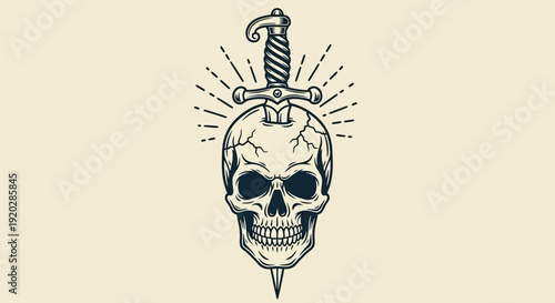 A dagger pierces a human skull with radiance emanating from the point of entry, illustration, front view