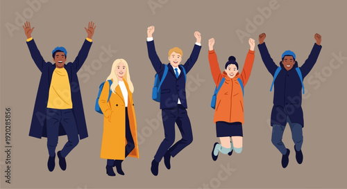 Diverse group of people celebrating graduation with raised arms and joyful expressions.