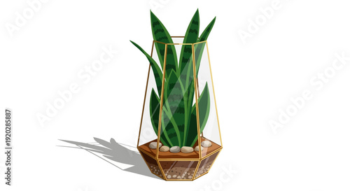 A geometric planter with a green plant in a modern home decor setting from a front viewpoint.