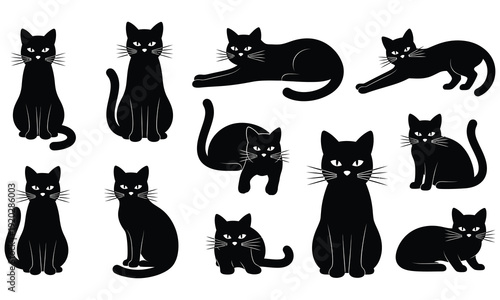 Black Cat Silhouette Collection – Cute and Spooky Halloween Cat Clipart Set on White Background