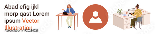 Remote work, collaboration, office tasks, user interface, employee communication, productivity. Two professionals working at desks with a central user icon. Remote work and collaboration concept