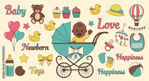 Adorable baby lying in a stroller surrounded by toys, hearts, and joyful illustrations depicting happiness and love