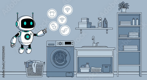 A robot assists with laundry in a modern utility room with washing machine and sink
