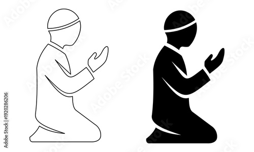 Outline and silhouette vector icons of a Muslim man praying, spiritual graphic