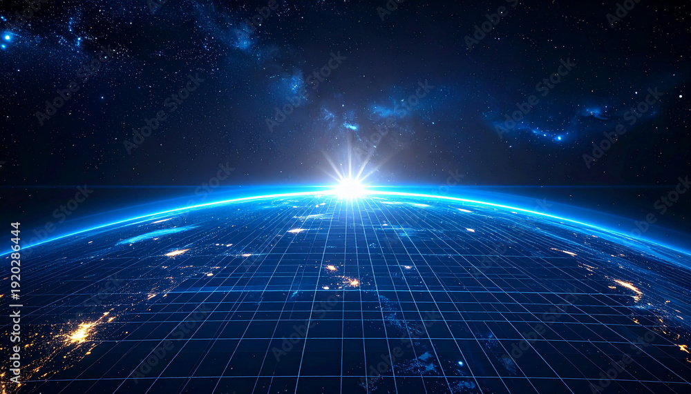 Fototapeta premium 朝日が昇る地球と光のグリッド