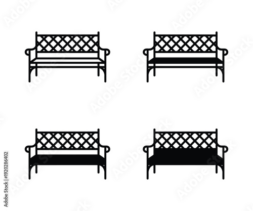 Black decorative garden benches silhouettes set on white background