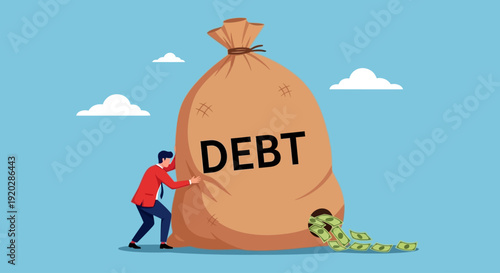 Man struggling to carry a massive sack labeled debt amidst a serene sky