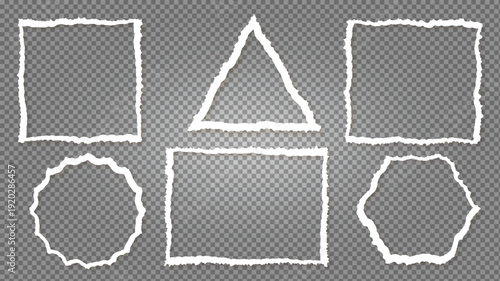 Set of six white ragged paper frames on transparent background, torn paper borders collection for photos and text