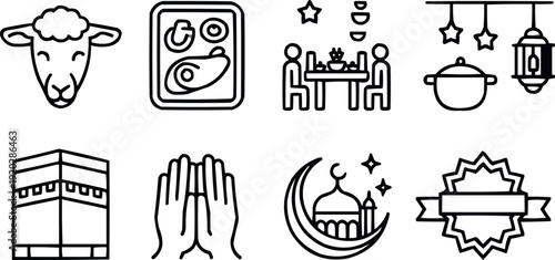 Black line icons set for eid al-adha celebration with religious and food elements
