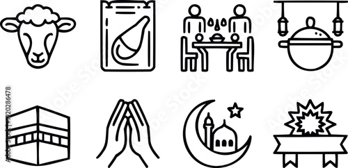 Collection of Islamic holiday icons for Ramadan Eid celebration and Muslim faith elements