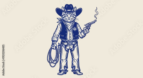 A cartoon cat dressed as a cowboy standing with a gun and lasso in hand