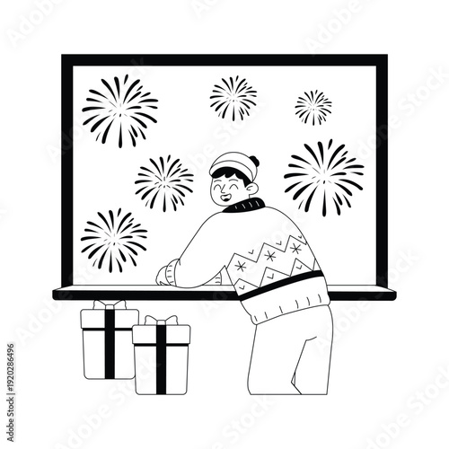 Glyph illustration of a man enjoying new year fireworks at window