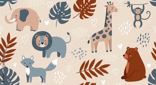 A whimsical illustration of animals and plants in a fantasy landscape from a bird's eye view featuring leaves and creatures