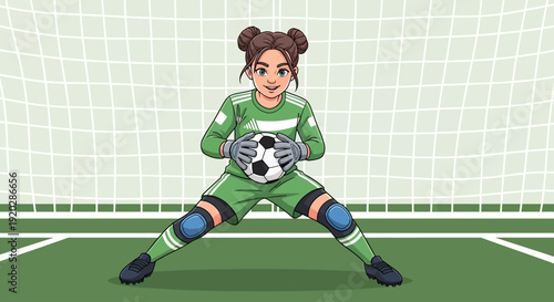 Female Soccer Goalkeeper Standing in Front of Goal Net on Field