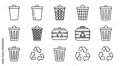 Vector Trash Can and Recycle Icons Set Black Outline on White Background