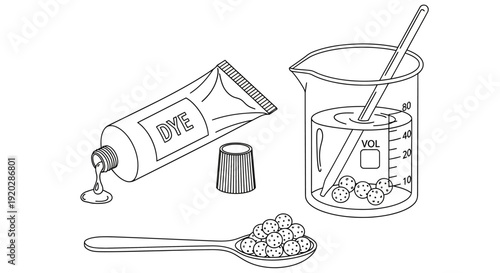 Preparing dye mixture in a beaker with spoon and dye tube nearby on white surface from a straightforward view.