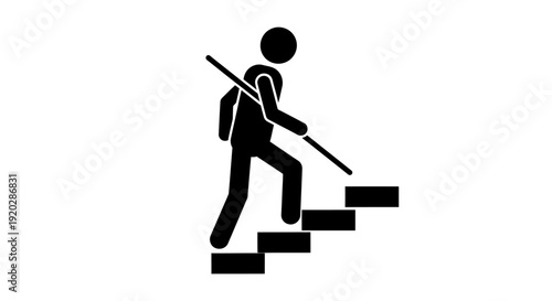 Person ascending staircase with trekking poles, symbolizing progress and determination in a simple illustration