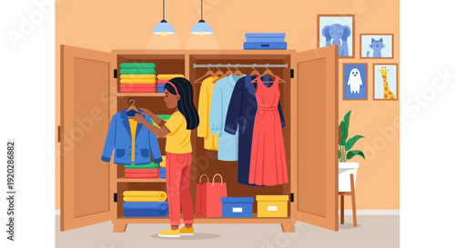Woman choosing clothes from a stylish wardrobe in a modern room with decorative elements and soft lighting