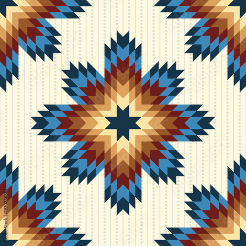 Seamless Native American geometric star pattern. Traditional Southwestern tribal background with ethnic blue and brown motifs for textile and quilt design.