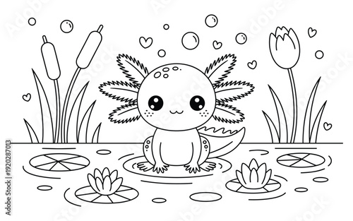 Cute Axolotl Sitting on Water Lily Pad Surrounded by Bubbles and Hearts Line Art