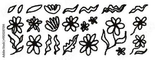 Hand drawn grunge textured brush black paint chamomiles vector set. Ink drawing flowers and leaves naive style primitive drawing. Black and white vector botanical Abstract blossom