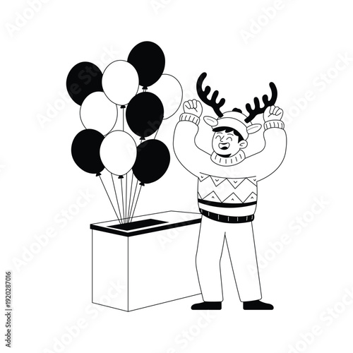 Cheerful man celebrating holidays with balloons popping out of a gift box.