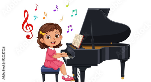 Young girl enthusiastically playing a grand piano with musical notes floating around her in a joyful scene