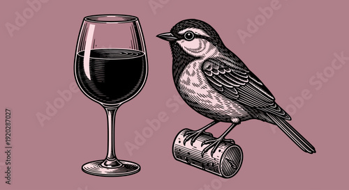 An illustration of a bird perched on a wine barrel next to a glass of red wine.