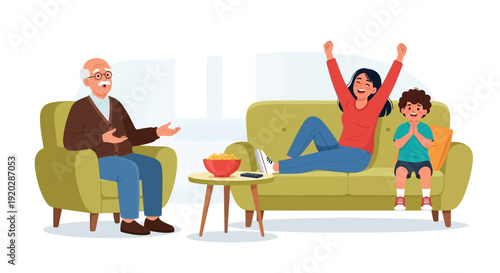 Family enjoying quality time together on a couch in a living room setting with a relaxed atmosphere