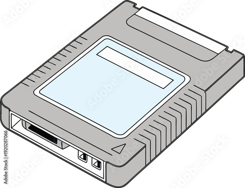 Gray cassette recorder with buttons and slots