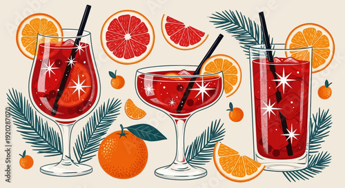 Cocktails and citrus fruits arranged in a festive illustration with glasses, straws, and leaves
