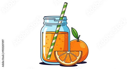 Freshly squeezed orange juice in a mason jar with a straw and sliced oranges beside it