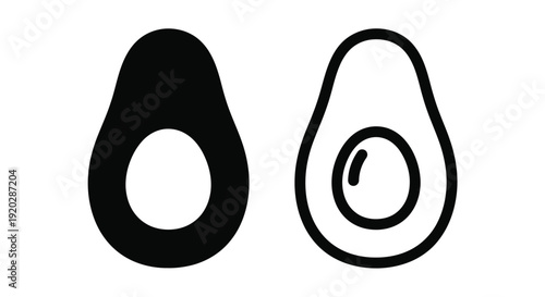 Two avocado illustrations one solid one outlined in black and white