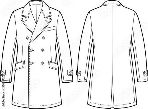 Double Breasted Long Coat Technical Flat Sketch Front and Back View Fashion Apparel Line Drawing Template Design