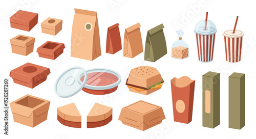 Assorted fast food packaging and disposable containers arranged on a clean surface