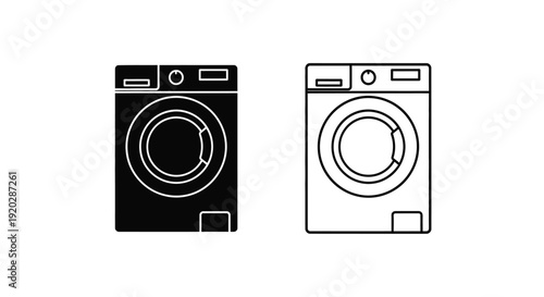Black and white line art depicting two front loading washing machines