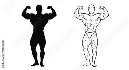 Muscular physique illustrations a silhouette and a detailed line drawing