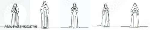 line art of a Muslim woman standing in prayer gesture front view