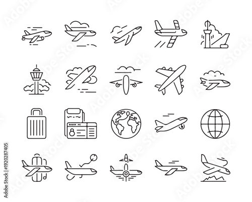 collection of airplane and travel line icons representing aircrafts airports and travel essentials for aviation and tourism themes