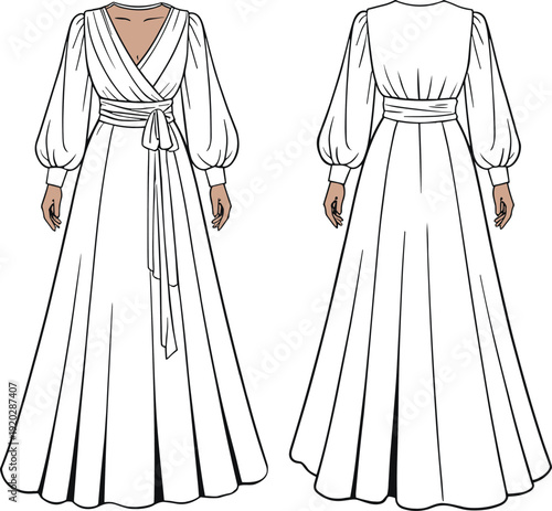 Elegant Long Sleeve Wrap Maxi Gown with Belt Technical Flat Sketch Front and Back View Fashion Apparel Template