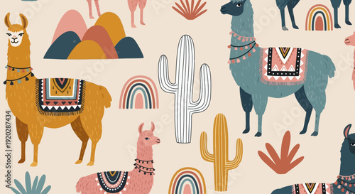 Vibrant illustration of llamas and cacti in a colorful desert landscape from a bird's eye view
