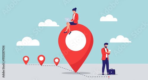 Man on a large red map pin, person with luggage standing nearby, journey illustration