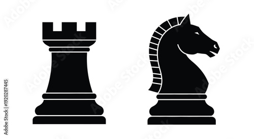 Black chess pieces a rook and a knight are displayed side by side