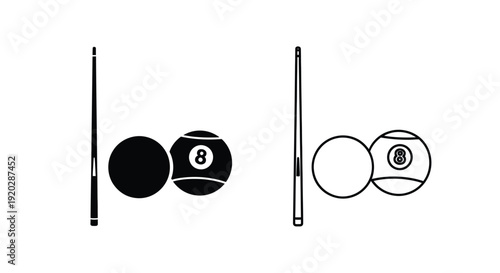 Minimalist illustration of billiard balls cues and the number eight