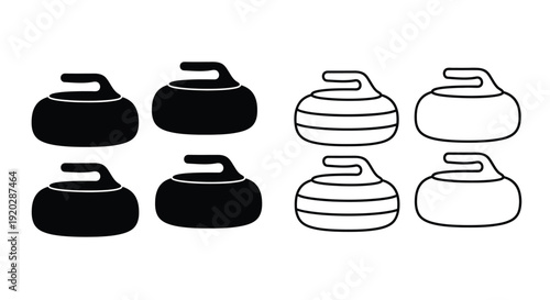 A collection of curling stones depicted in black and white outlines