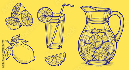Fresh Lemonade Illustration Featuring Lemons, Pitcher, Glass, Juice, and Citrus Fruits in a Bright Setting